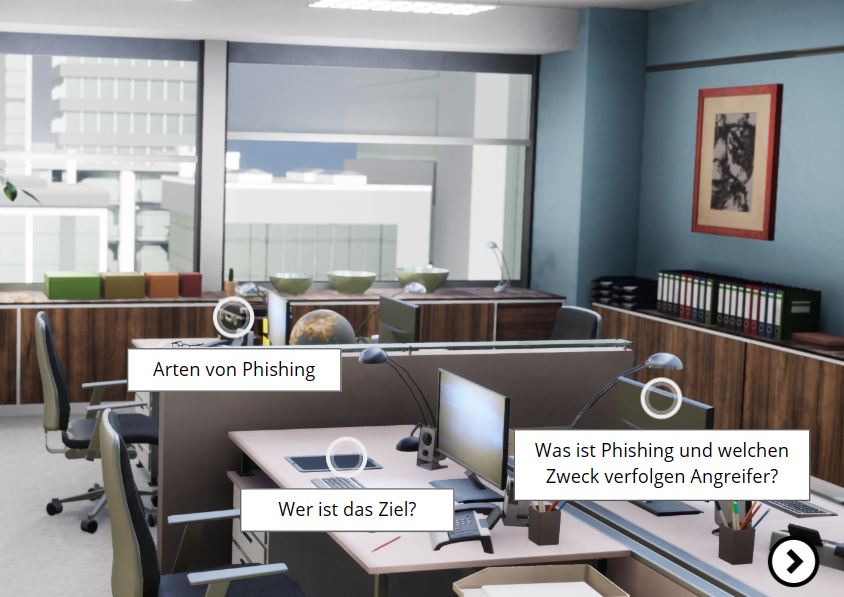 Bildschirmfoto von E-Learning-Kurs Cybersecurity, Thema Phishing. Zu sehen ist ein Büro mit 4 Arbeitsplätzen und Einblendungen für die Auswahl der Kursinhalte.